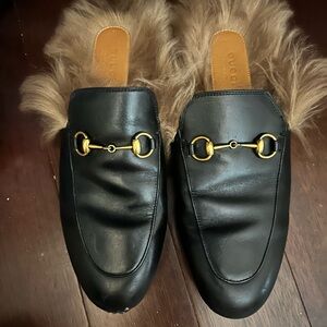 Gucci Black Leather Loafers with Gold Accents